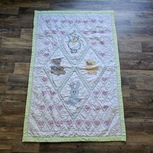 Hand Embroidered Quilted Baby Quilt Bear Bunny Duck Sheep Hearts